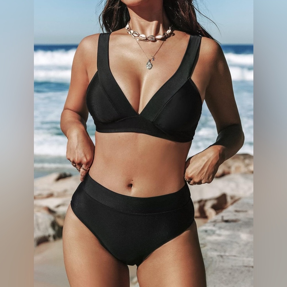 CUPSHE Bikini Set V Neck High Waist Wide Straps Swimwear Two Piece Swimsuit